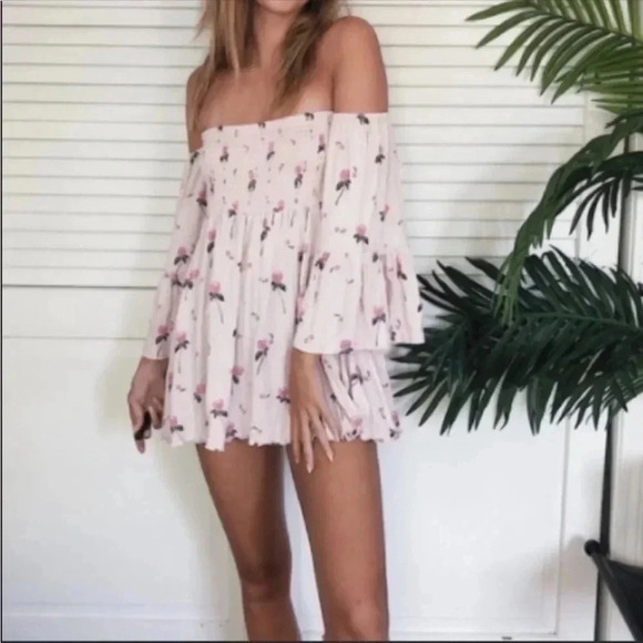 Free People pink floral off the shoulder tunic - Picture 1 of 9